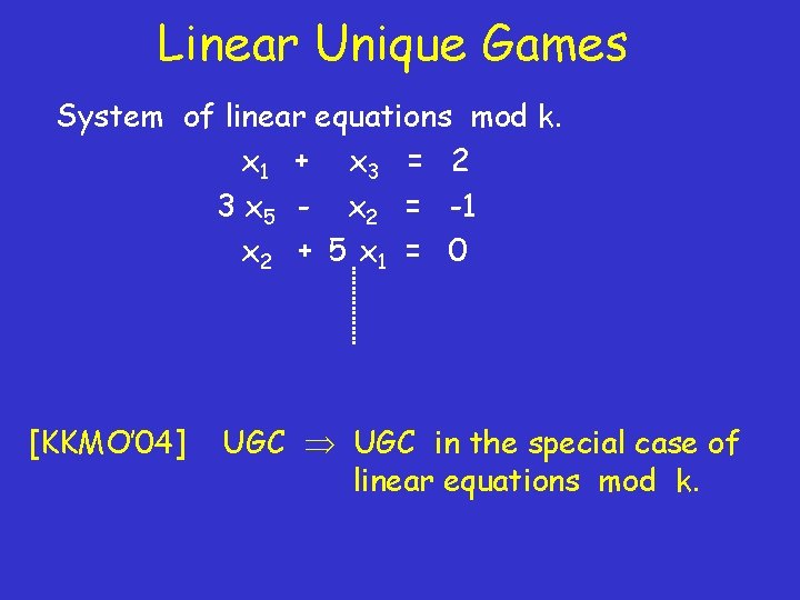 Linear Unique Games System of linear equations mod k. x 1 + x 3