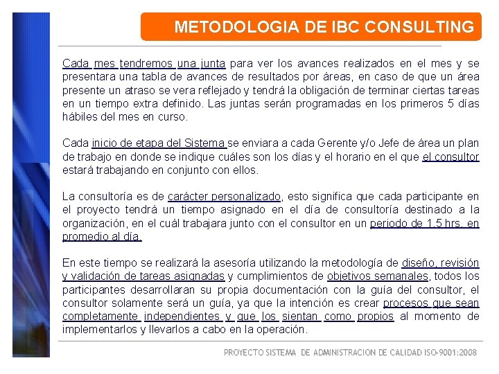 METODOLOGIA DE IBC CONSULTING Cada mes tendremos una junta para ver los avances realizados