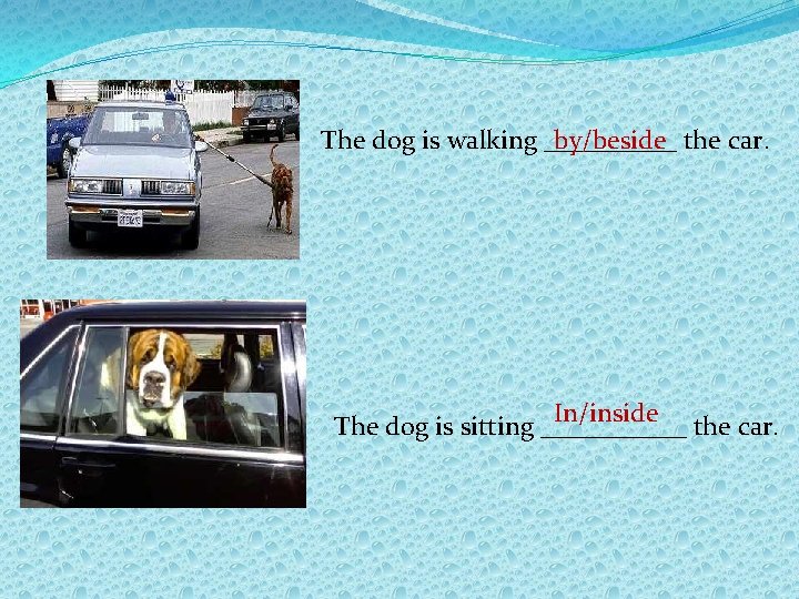 The dog is walking _____ by/beside the car. In/inside the car. The dog is