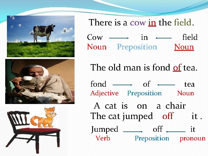 There is a cow in the field. Cow Noun in Preposition field Noun The