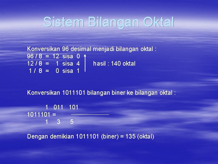 Sistem Bilangan Oktal Konversikan 96 desimal menjadi bilangan oktal : 96 / 8 =