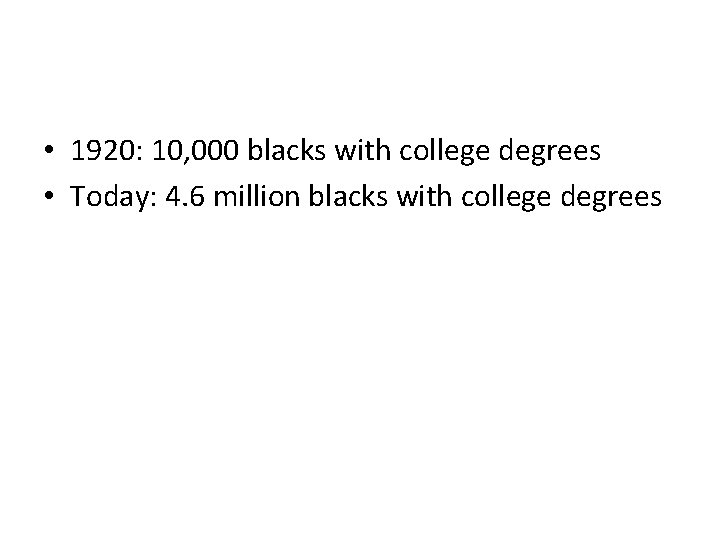  • 1920: 10, 000 blacks with college degrees • Today: 4. 6 million