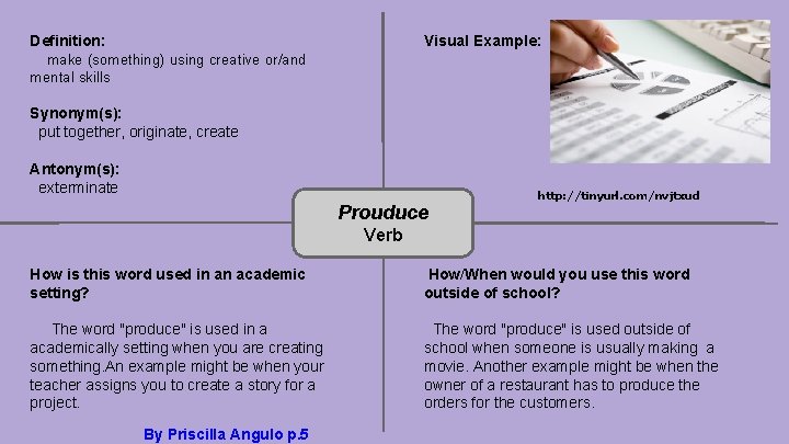 Visual Example: Definition: make (something) using creative or/and mental skills Synonym(s): put together, originate,