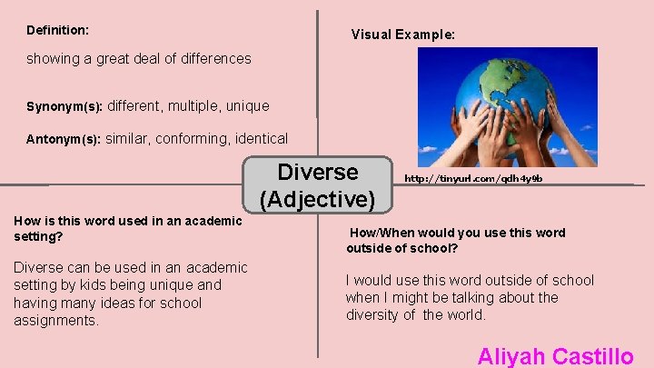 Definition: Visual Example: showing a great deal of differences Synonym(s): different, multiple, unique Antonym(s):