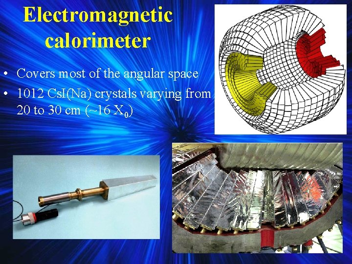 Electromagnetic calorimeter • Covers most of the angular space • 1012 Cs. I(Na) crystals Electromagnetic calorimeter • Covers most of the angular space • 1012 Cs. I(Na) crystals