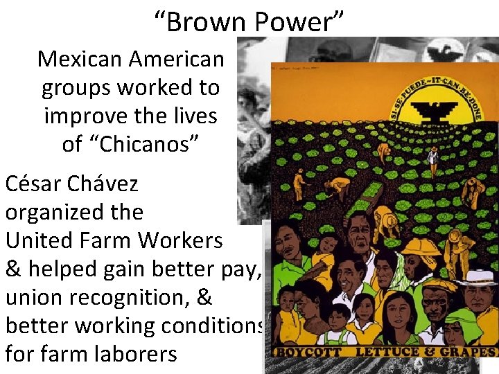 “Brown Power” Mexican American groups worked to improve the lives of “Chicanos” César Chávez