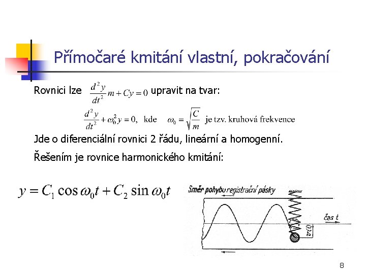 Přímočaré kmitání vlastní, pokračování Rovnici lze upravit na tvar: Jde o diferenciální rovnici 2