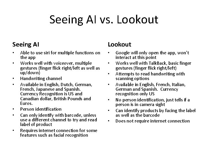 Seeing AI vs. Lookout Seeing AI • • Able to use siri for multiple