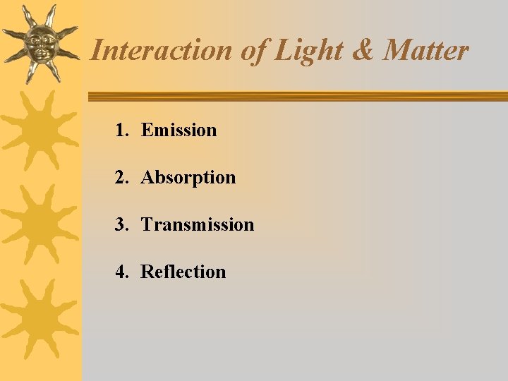 Interaction of Light & Matter 1. Emission 2. Absorption 3. Transmission 4. Reflection 