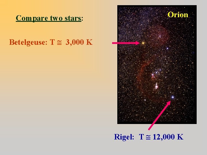 Compare two stars: Orion Betelgeuse: T 3, 000 K Rigel: T 12, 000 K