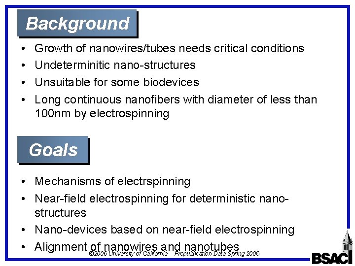 Background • • Growth of nanowires/tubes needs critical conditions Undeterminitic nano-structures Unsuitable for some