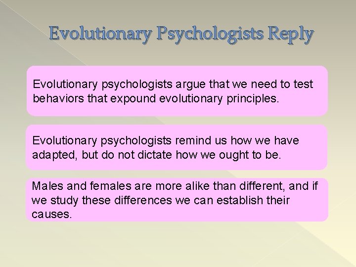 Evolutionary Psychologists Reply Evolutionary psychologists argue that we need to test behaviors that expound