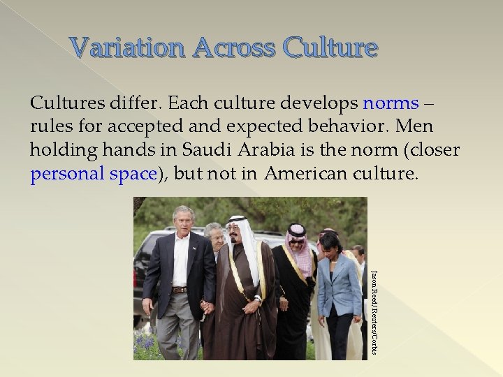 Variation Across Cultures differ. Each culture develops norms – rules for accepted and expected