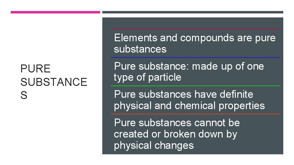 Elements and compounds are pure substances PURE SUBSTANCE S Pure substance: made up of