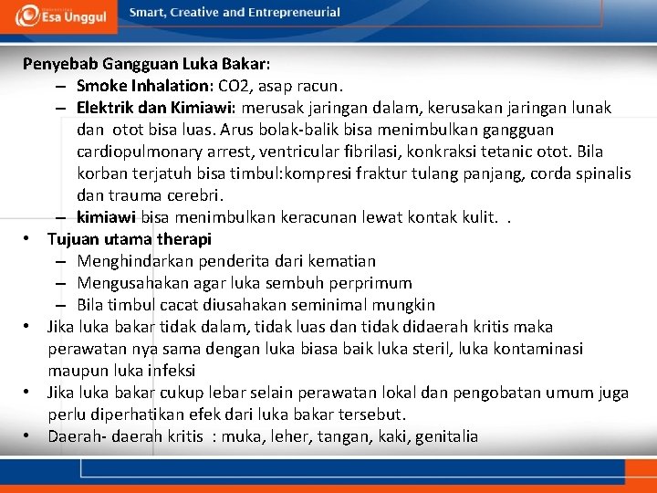 Penyebab Gangguan Luka Bakar: – Smoke Inhalation: CO 2, asap racun. – Elektrik dan