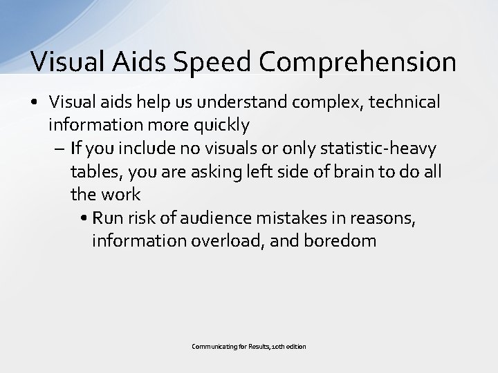 Visual Aids Speed Comprehension • Visual aids help us understand complex, technical information more