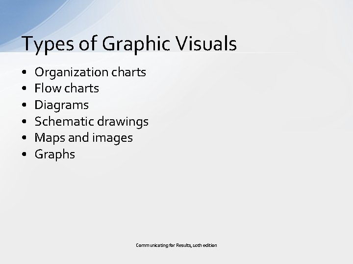 Types of Graphic Visuals • • • Organization charts Flow charts Diagrams Schematic drawings