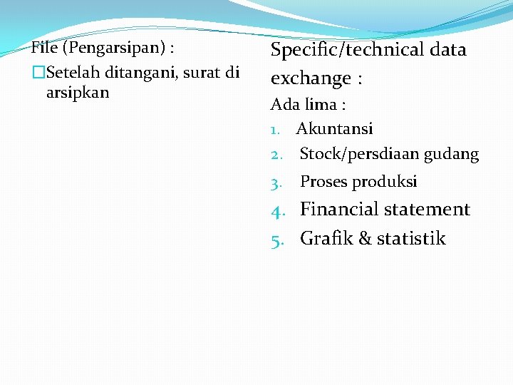 File (Pengarsipan) : �Setelah ditangani, surat di arsipkan Specific/technical data exchange : Ada lima