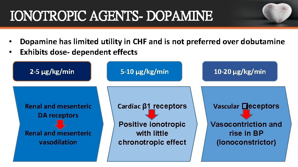 IONOTROPIC AGENTS- DOPAMINE • Dopamine has limited utility in CHF and is not preferred