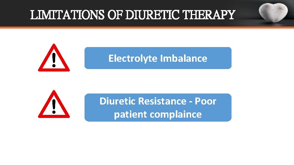 LIMITATIONS OF DIURETIC THERAPY Electrolyte Imbalance Diuretic Resistance - Poor patient complaince 