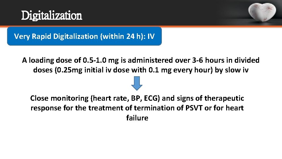 Digitalization Very Rapid Digitalization (within 24 h): IV A loading dose of 0. 5