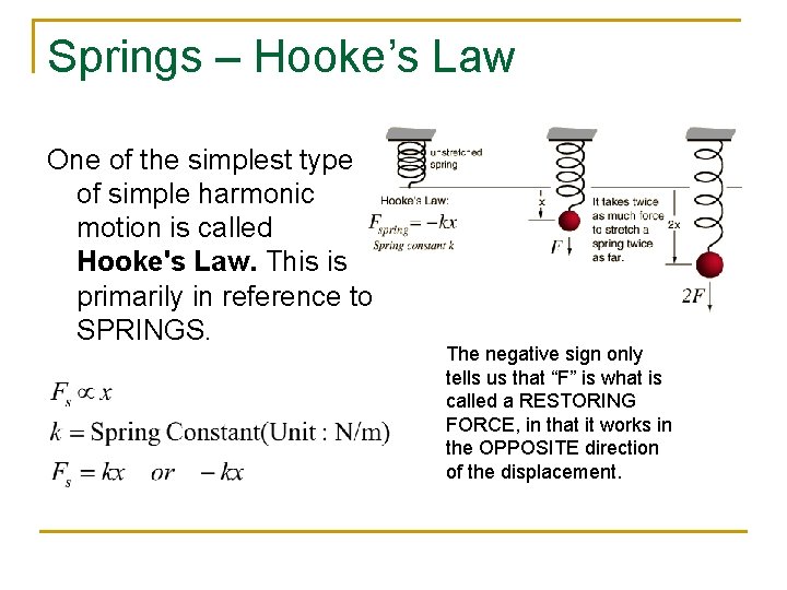 Springs – Hooke’s Law One of the simplest type of simple harmonic motion is