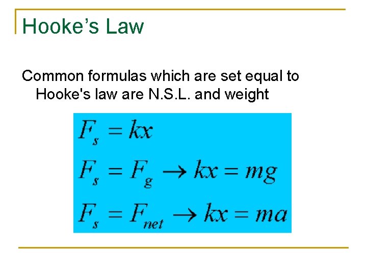 Hooke’s Law Common formulas which are set equal to Hooke's law are N. S.
