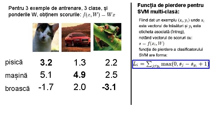 Pentru 3 exemple de antrenare, 3 clase, și ponderile W, obținem scorurile: pisică mașină