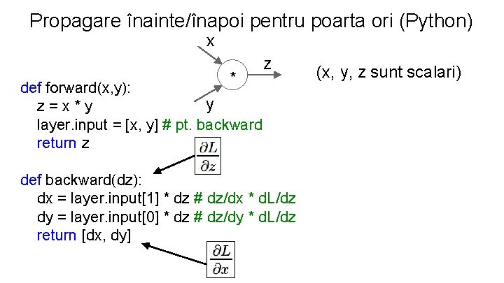 Propagare înainte/înapoi pentru poarta ori (Python) x * z def forward(x, y): y z=x*y