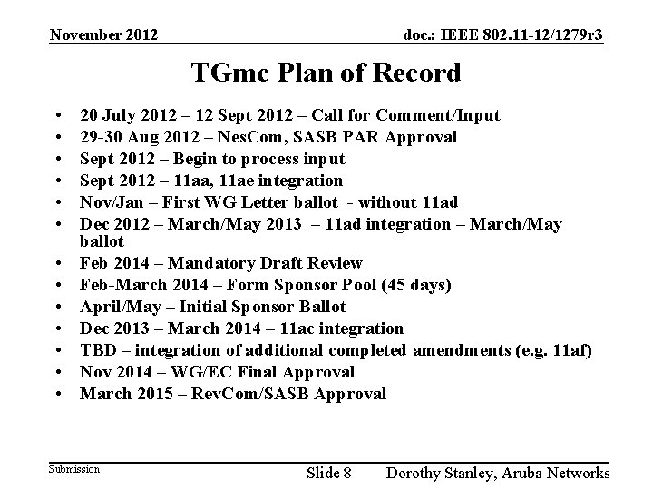 November 2012 doc. : IEEE 802. 11 -12/1279 r 3 TGmc Plan of Record