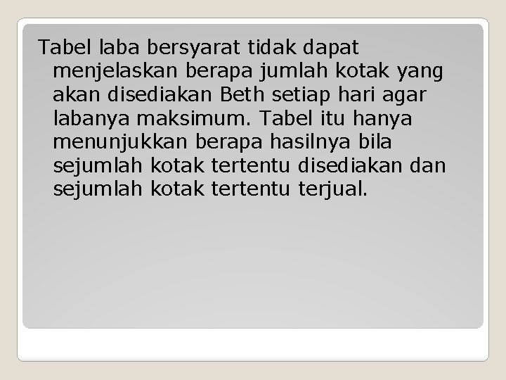 Tabel laba bersyarat tidak dapat menjelaskan berapa jumlah kotak yang akan disediakan Beth setiap