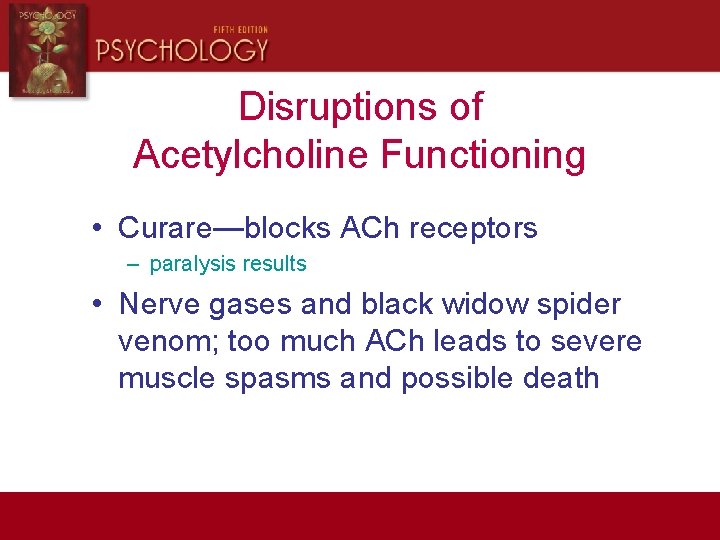 Disruptions of Acetylcholine Functioning • Curare—blocks ACh receptors – paralysis results • Nerve gases