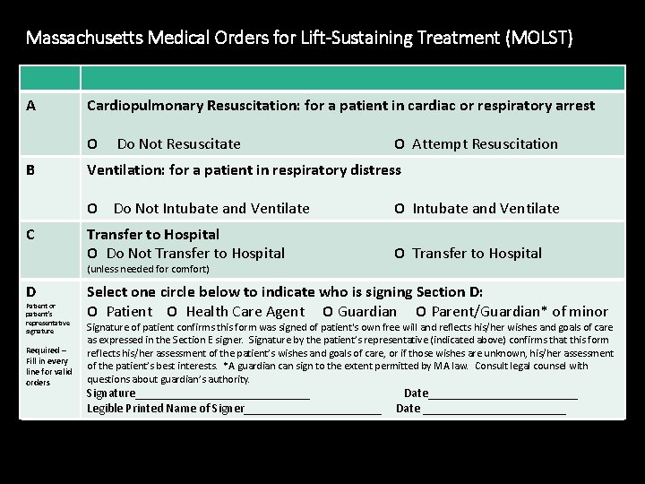 Massachusetts Medical Orders for Lift-Sustaining Treatment (MOLST) A Cardiopulmonary Resuscitation: for a patient in