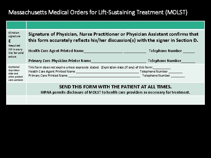 Massachusetts Medical Orders for Lift-Sustaining Treatment (MOLST) Clinician signature E Required Fill in every