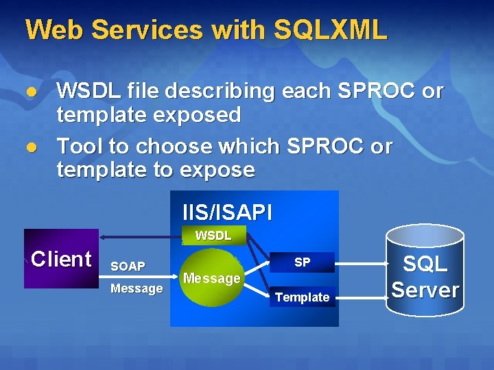 Web Services with SQLXML l l WSDL file describing each SPROC or template exposed Web Services with SQLXML l l WSDL file describing each SPROC or template exposed