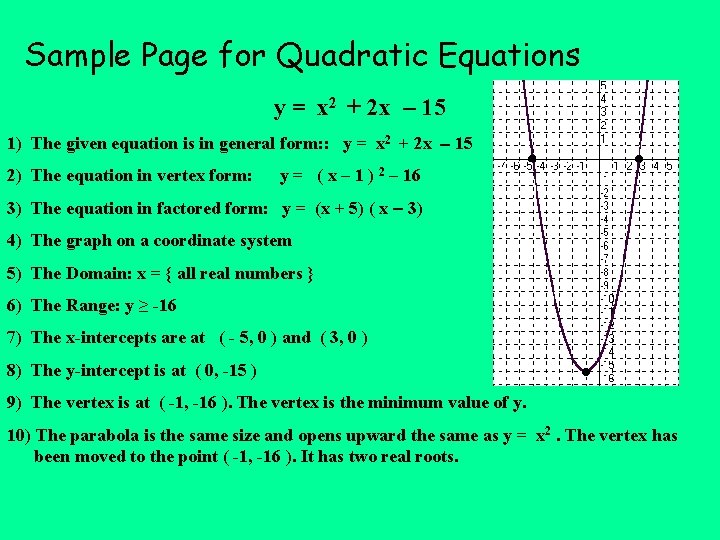 Sample Page for Quadratic Equations y = x 2 + 2 x 15 1)