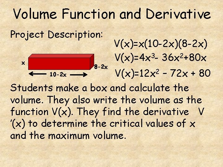 Volume Function and Derivative Project Description: x 8 -2 x V(x)=x(10 -2 x)(8 -2