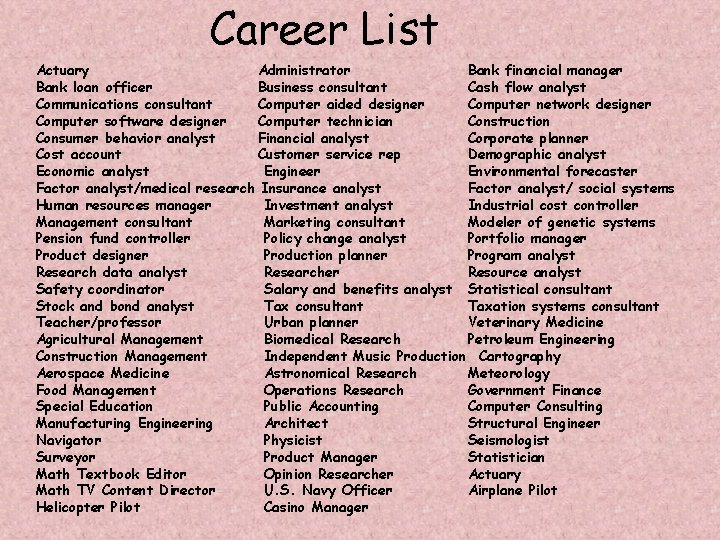 Career List Actuary Administrator Bank financial manager Bank loan officer Business consultant Cash flow