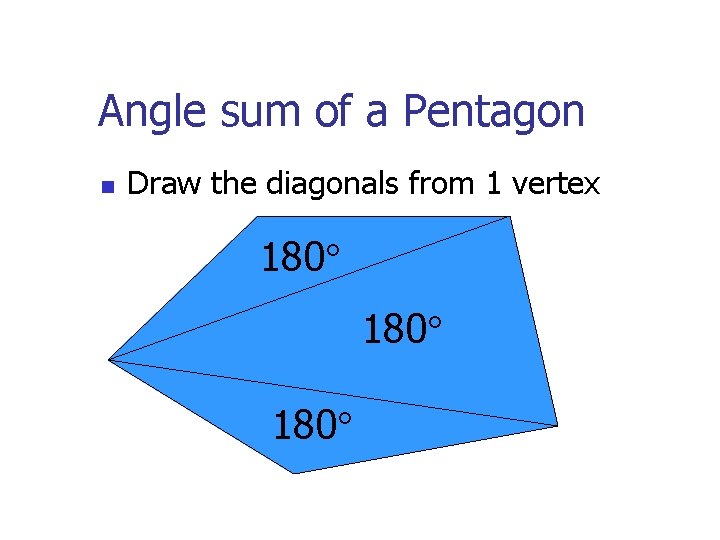 Angle sum of a Pentagon n Draw the diagonals from 1 vertex 180 180