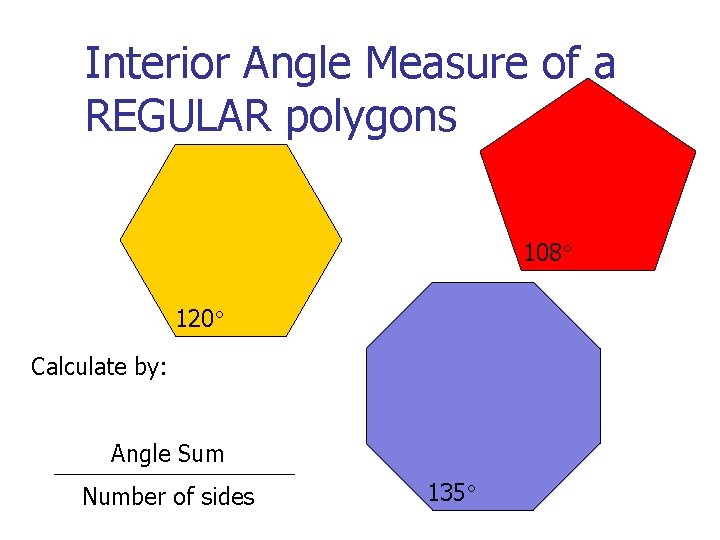 Interior Angle Measure of a REGULAR polygons 108 120 Calculate by: Angle Sum Number