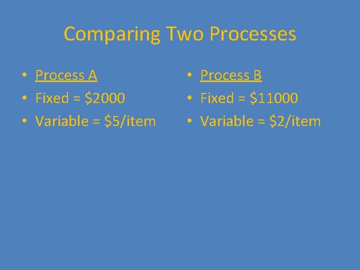 Comparing Two Processes • Process A • Fixed = $2000 • Variable = $5/item