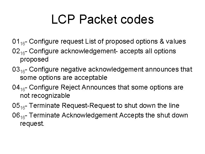 LCP Packet codes 0116 - Configure request List of proposed options & values 0216