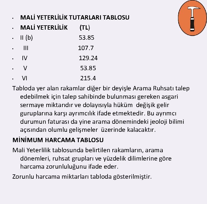 MALİ YETERLİLİK TUTARLARI TABLOSU • MALİ YETERLİLİK (TL) • II (b) 53. 85 •