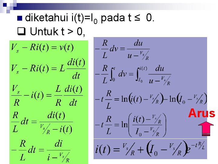 n diketahui i(t)=I 0 pada t ≤ 0. q Untuk t > 0, Arus