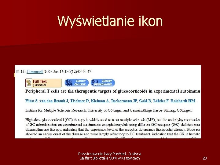 Wyświetlanie ikon n Ikony wyświetlają się tylko w określonych formatach opisu. Przystosowanie bazy Pub.