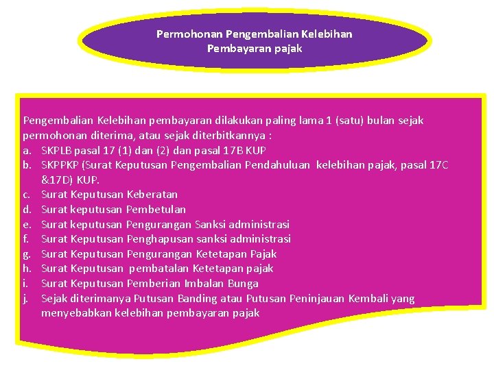 Permohonan Pengembalian Kelebihan Pembayaran pajak Pengembalian Kelebihan pembayaran dilakukan paling lama 1 (satu) bulan