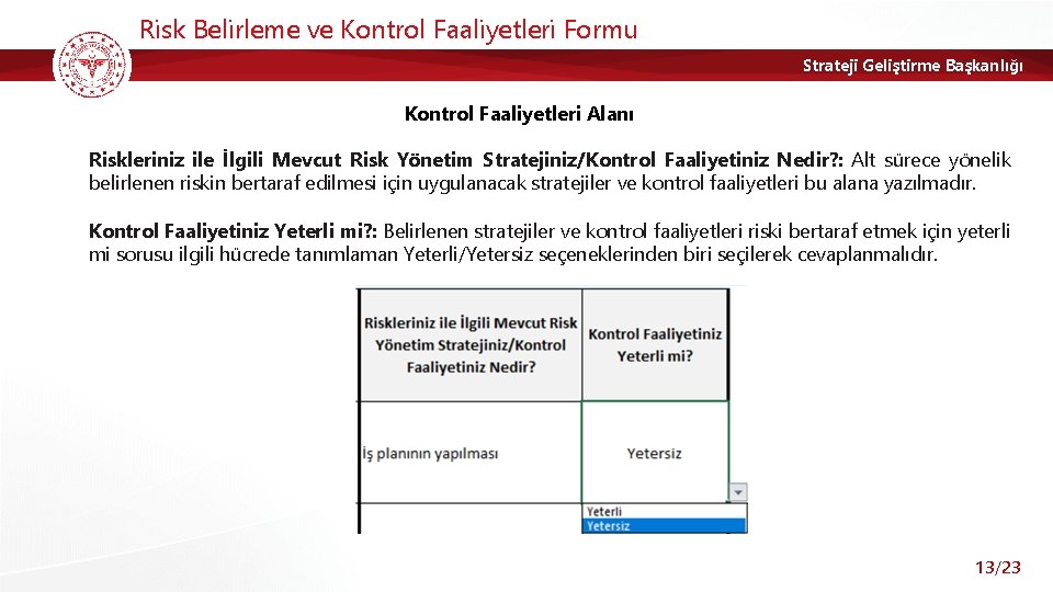 Risk Belirleme ve Kontrol Faaliyetleri Formu Strateji Geliştirme Başkanlığı Kontrol Faaliyetleri Alanı Riskleriniz ile