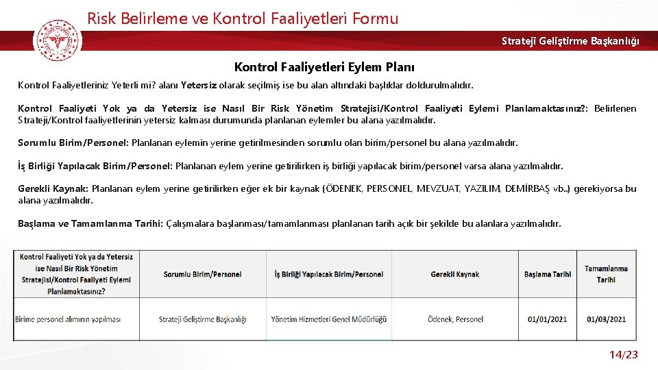 Risk Belirleme ve Kontrol Faaliyetleri Formu Strateji Geliştirme Başkanlığı Kontrol Faaliyetleri Eylem Planı Kontrol