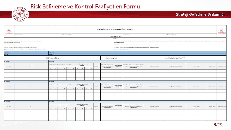 Risk Belirleme ve Kontrol Faaliyetleri Formu Strateji Geliştirme Başkanlığı 9/23 