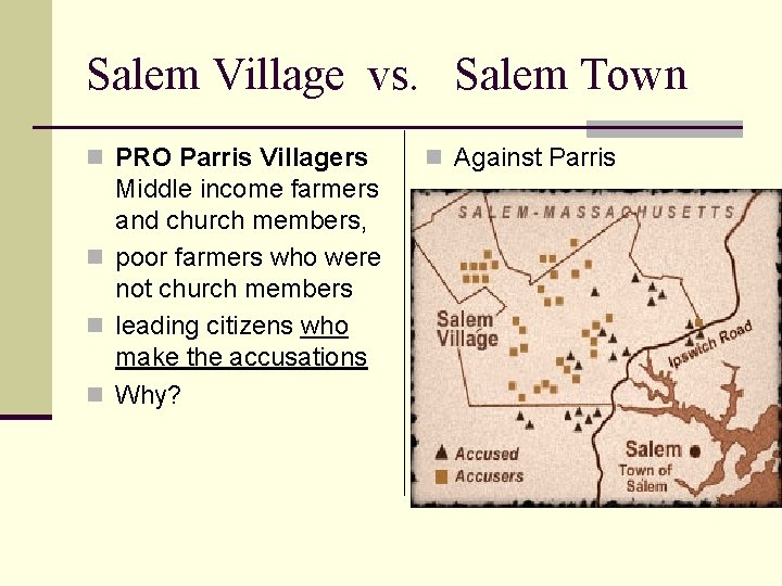 Salem Village vs. Salem Town n PRO Parris Villagers Middle income farmers and church Salem Village vs. Salem Town n PRO Parris Villagers Middle income farmers and church